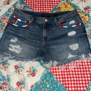 Lucky Brand Women's Distressed Blue Jean Shorts with Red and White Accents